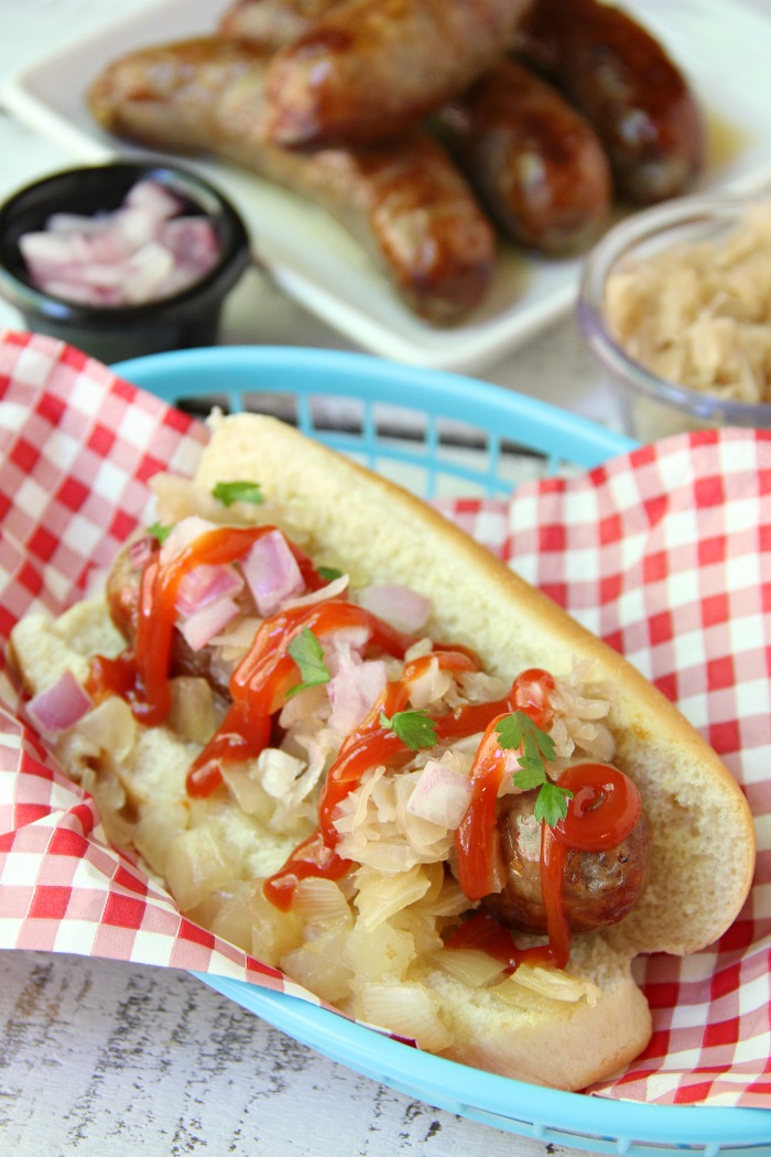 Air Fryer Beer Brats - Brats boiled in beer and onions and then air fried to perfection!