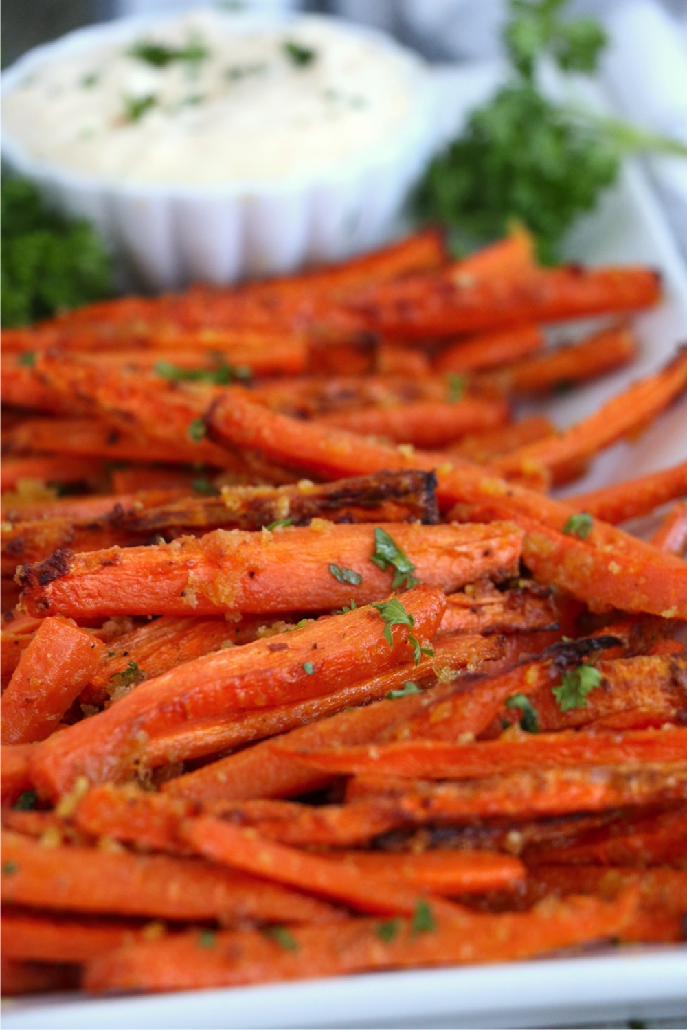 Close up of carrot fries on plate