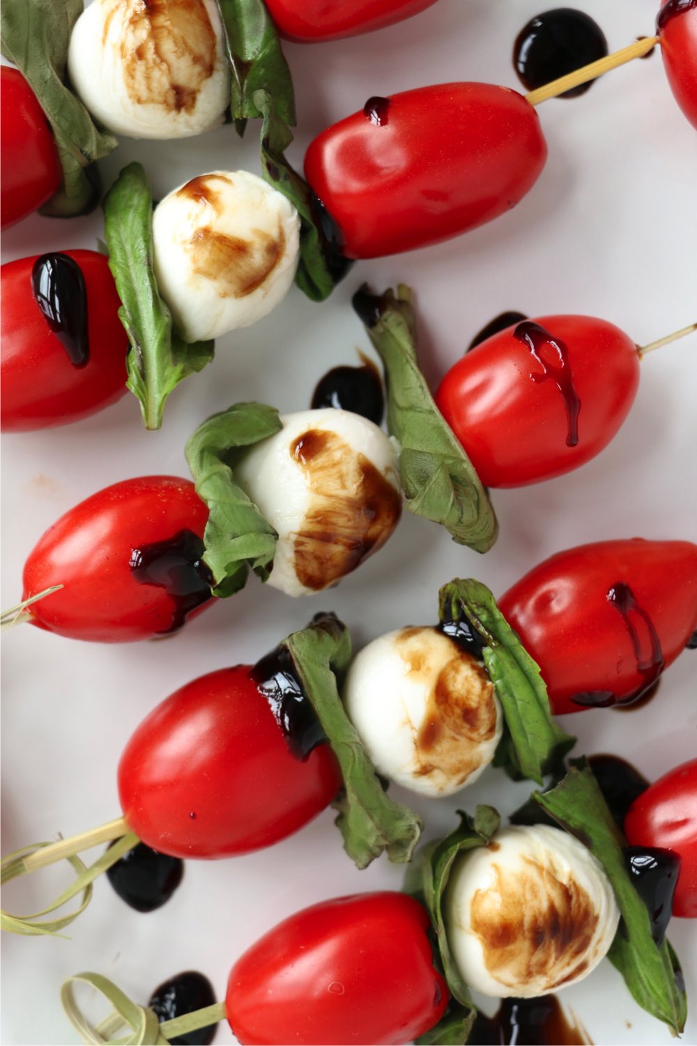 close up of caprese skewers