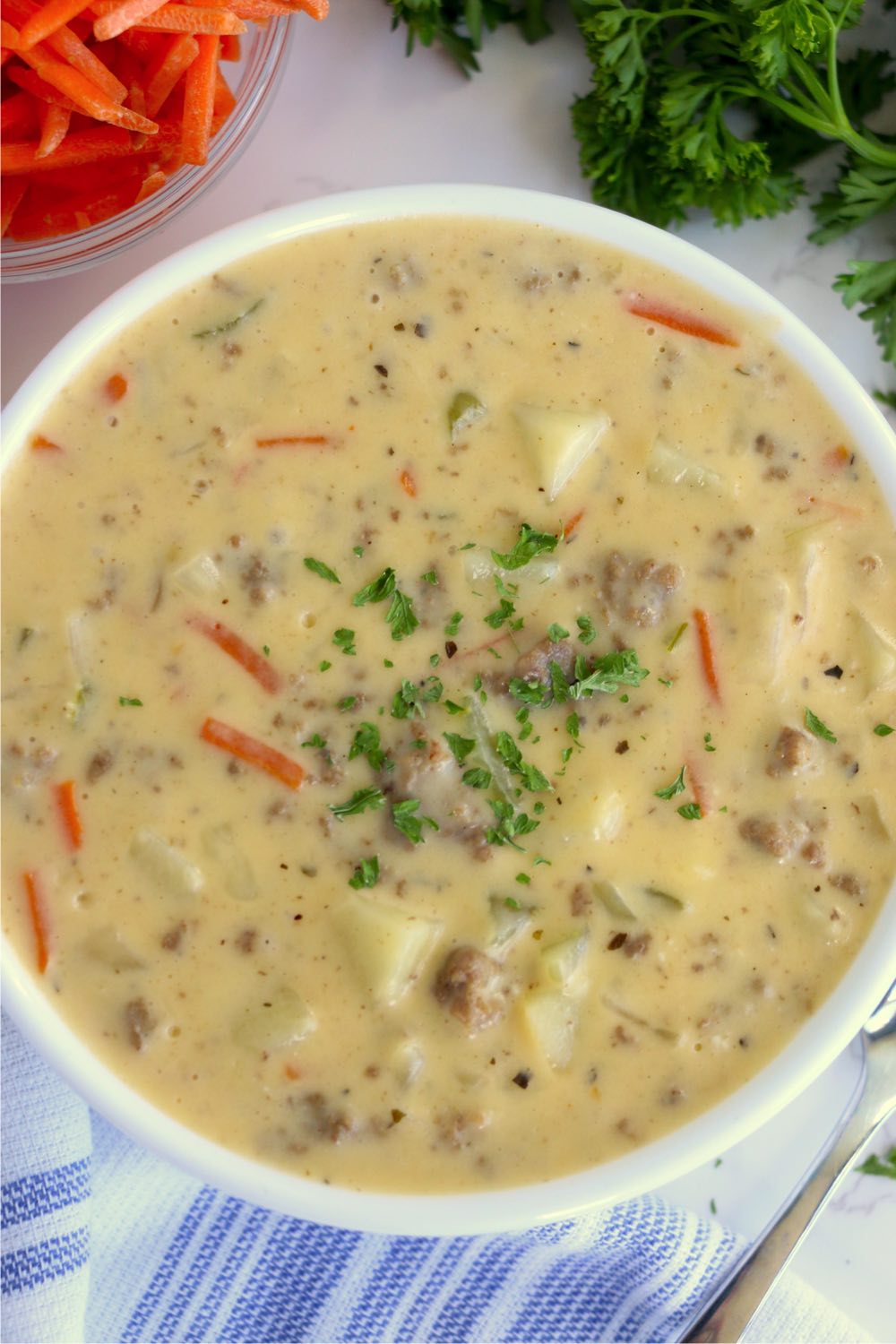 top view of bowl of cheeseburger soup