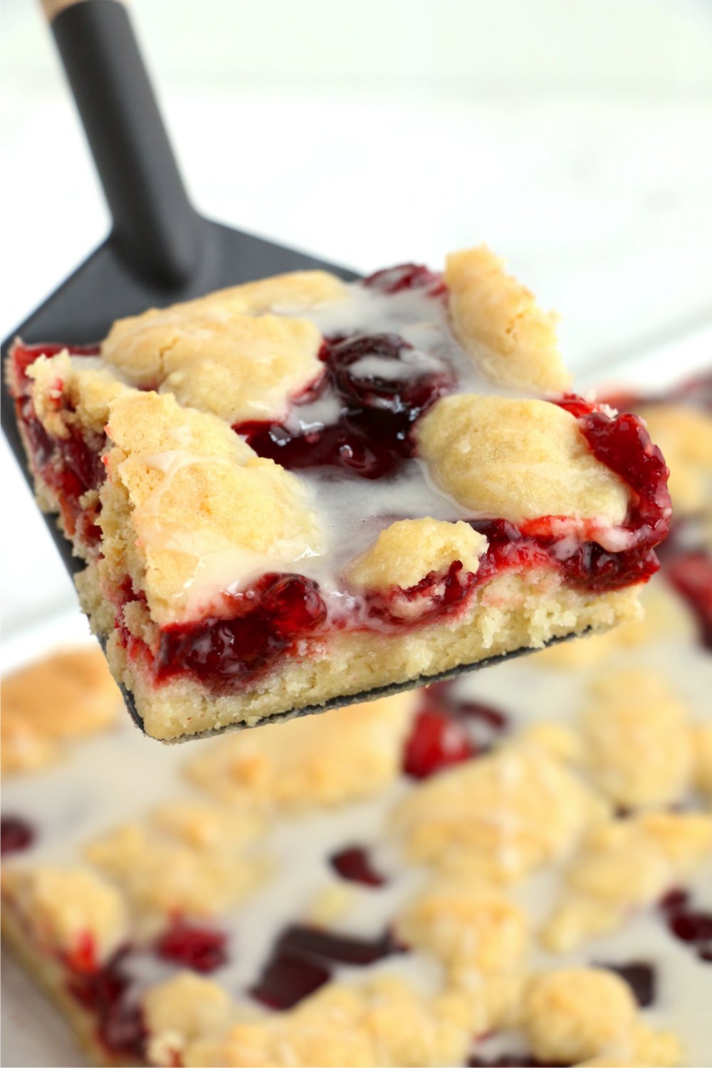 server holding a piece of cherry kuchen