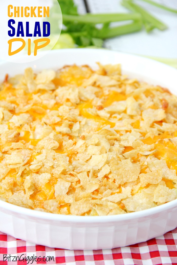 Chicken Salad Dip - This easy dip is a twist on a classic hot chicken salad recipe that I've had in my recipe box for some time now. It's a cheesy and creamy chicken mixture topped with crushed potato chips and perfect for cracker or tortilla chip dipping!