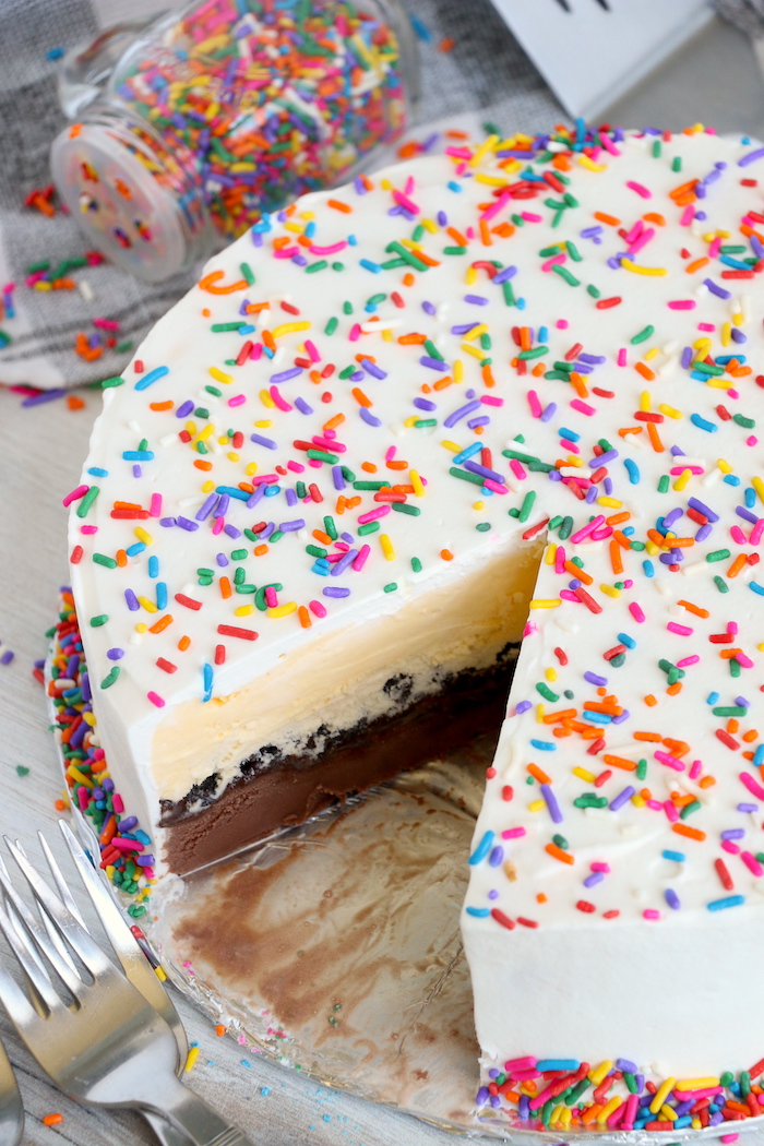 piece cut out of a homemade Dairy Queen ice cream cake