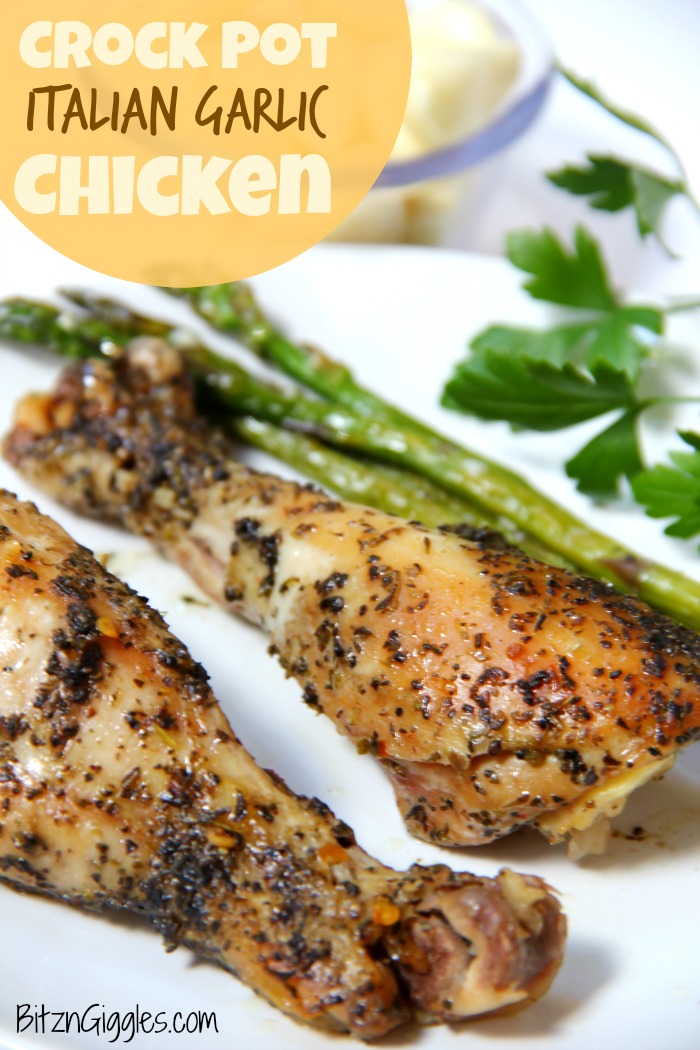Crock Pot Italian Garlic Chicken - Super moist, tender, fall-off-the-bone chicken the whole family will enjoy!