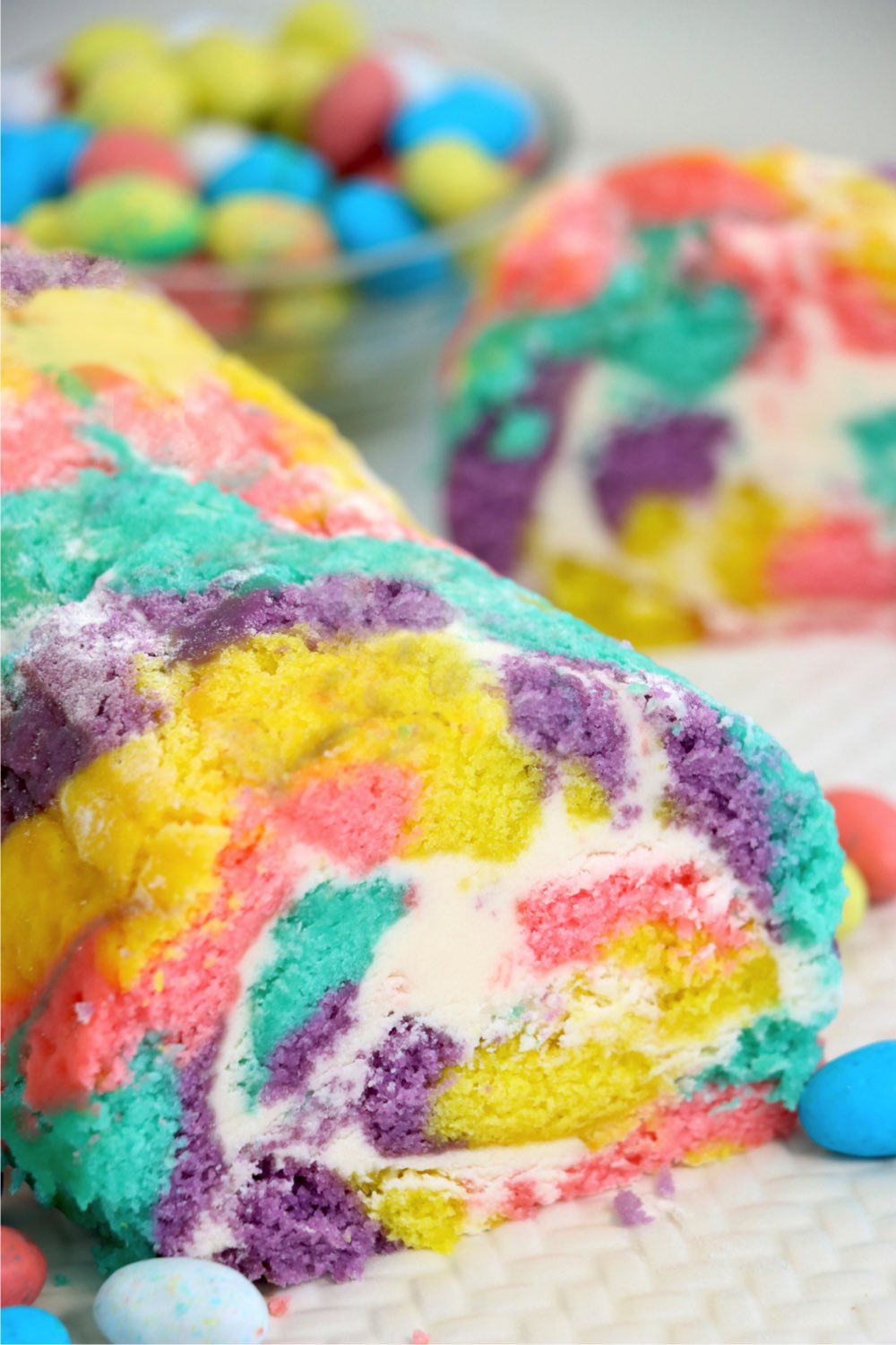 Easter-themed cake roll cut into slices