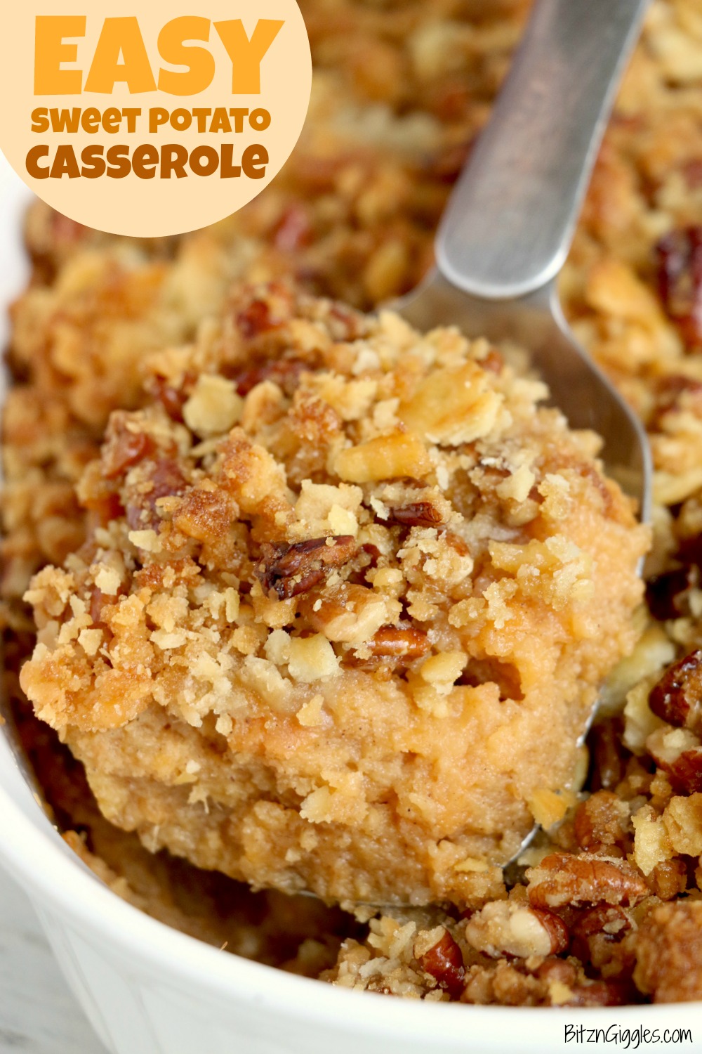 Easy Sweet Potato Casserole - An easy and delicious casserole that comes together with no scrubbing, boiling or baking the sweet potatoes! Topped with a sweet, salty and crunchy streusel, your guests will devour this simple and tasty side dish! 