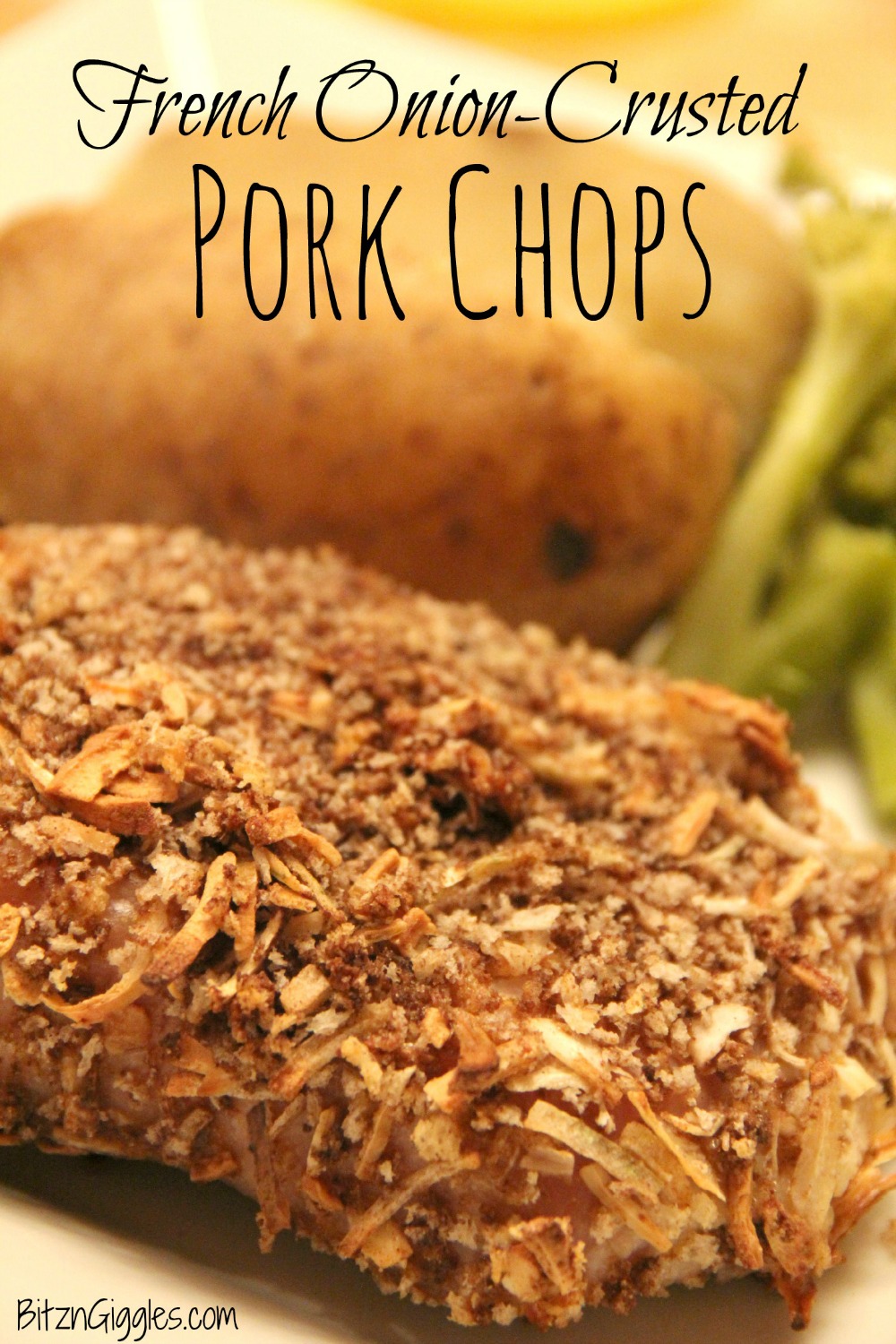 French Onion-Crusted Pork Chops - Moist, tender pork chops covered with a crunchy French onion coating.