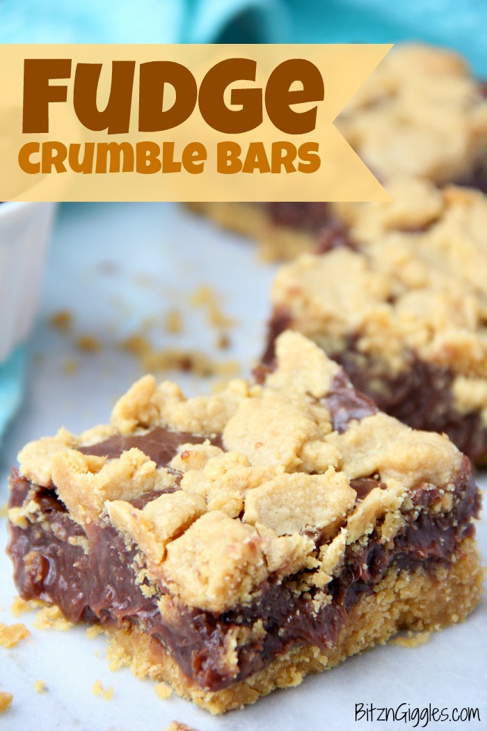Fudge Crumble Bars - Fudge, peanut butter and coconut pecan frosting enveloped by a delicious yellow cake mix crust and crumble topping!