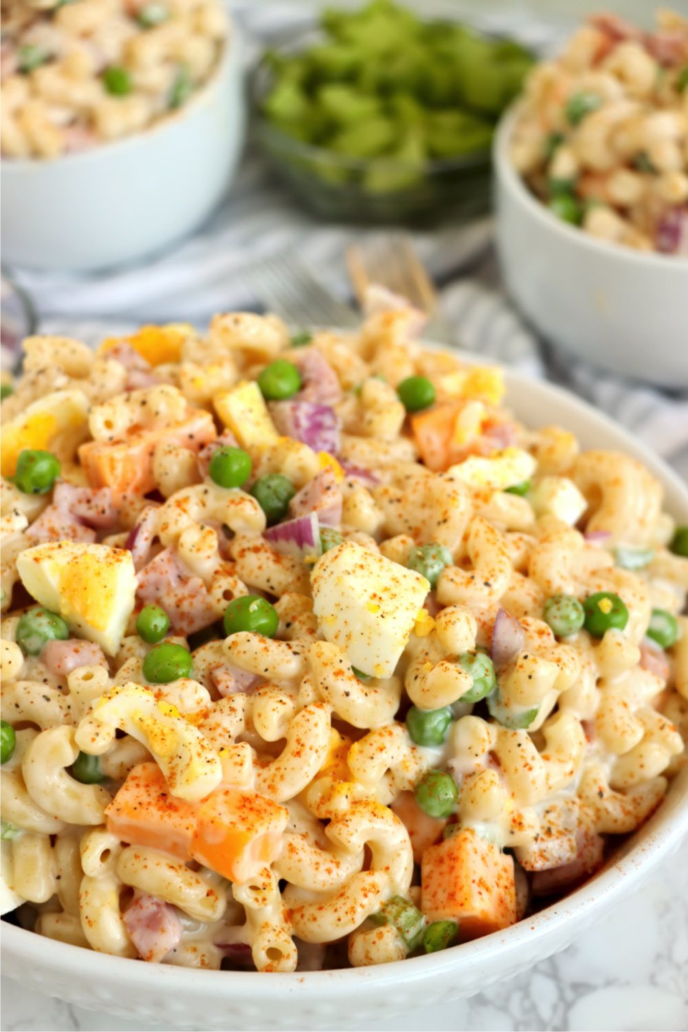 bowl of macaroni salad with ham