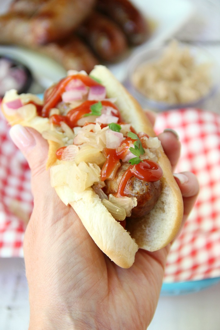 Air Fryer Beer Brats - Brats boiled in beer and onions and then air fried to perfection!