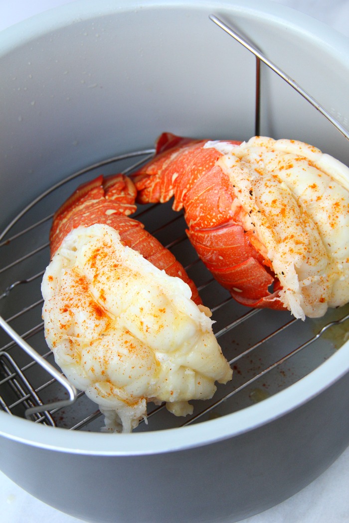 lobster tails on rack in Ninja Foodi