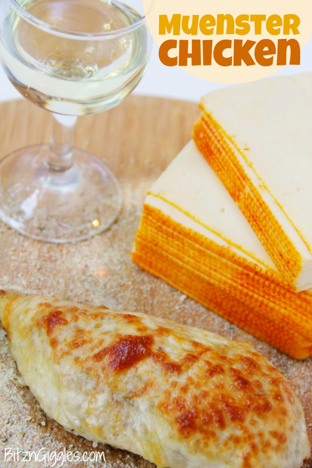 Muenster Chicken - Oven-baked chicken breasts are dredged in bread crumbs, covered with creamy Muenster cheese and infused with a subtle hint of white wine! 