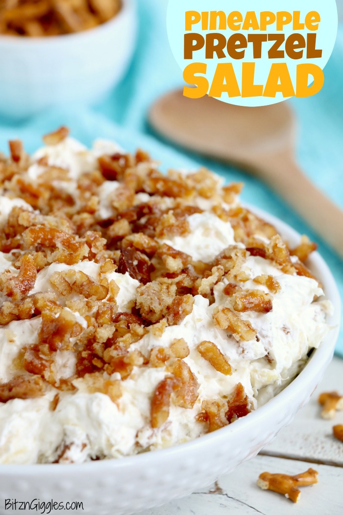 Pineapple Pretzel Salad - This cool, creamy pineapple fluff filled with candied pretzels is the perfect combination of sweet and salty, and can be served as a dessert or sweet side dish!Â