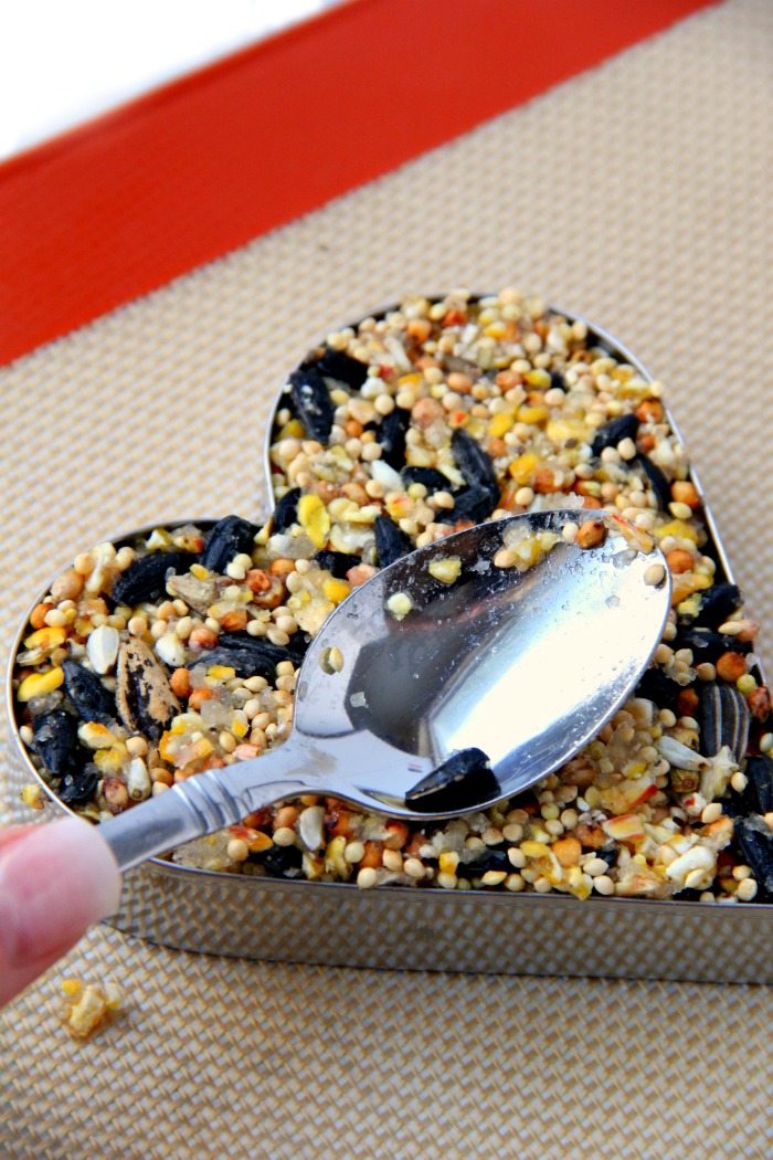 Pressing birdseed into cookie cutter