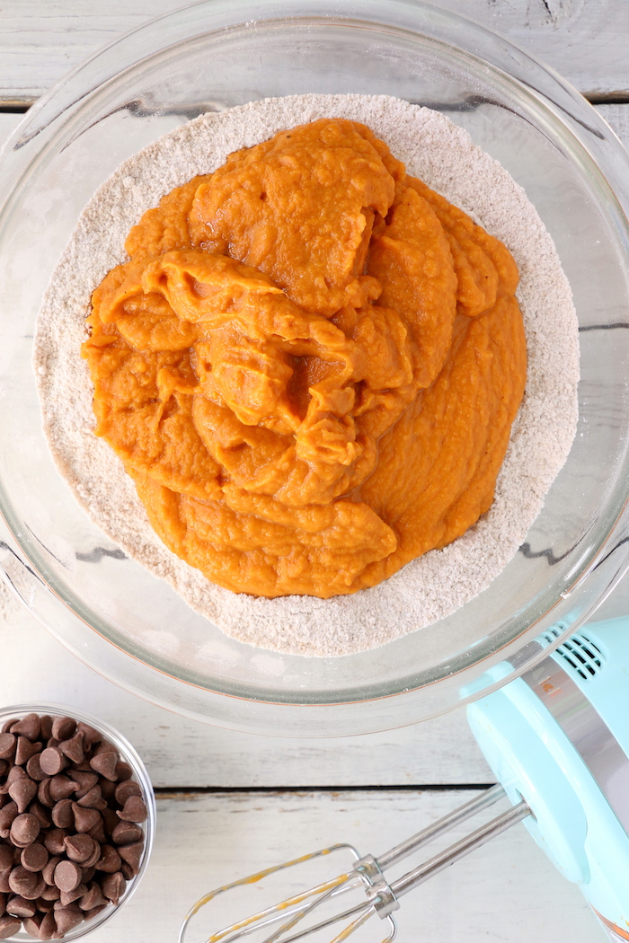 Pumpkin Chocolate Chip Muffins - Homemade pumpkin muffins sprinkled with fall spices and lots of chocolate chips! 