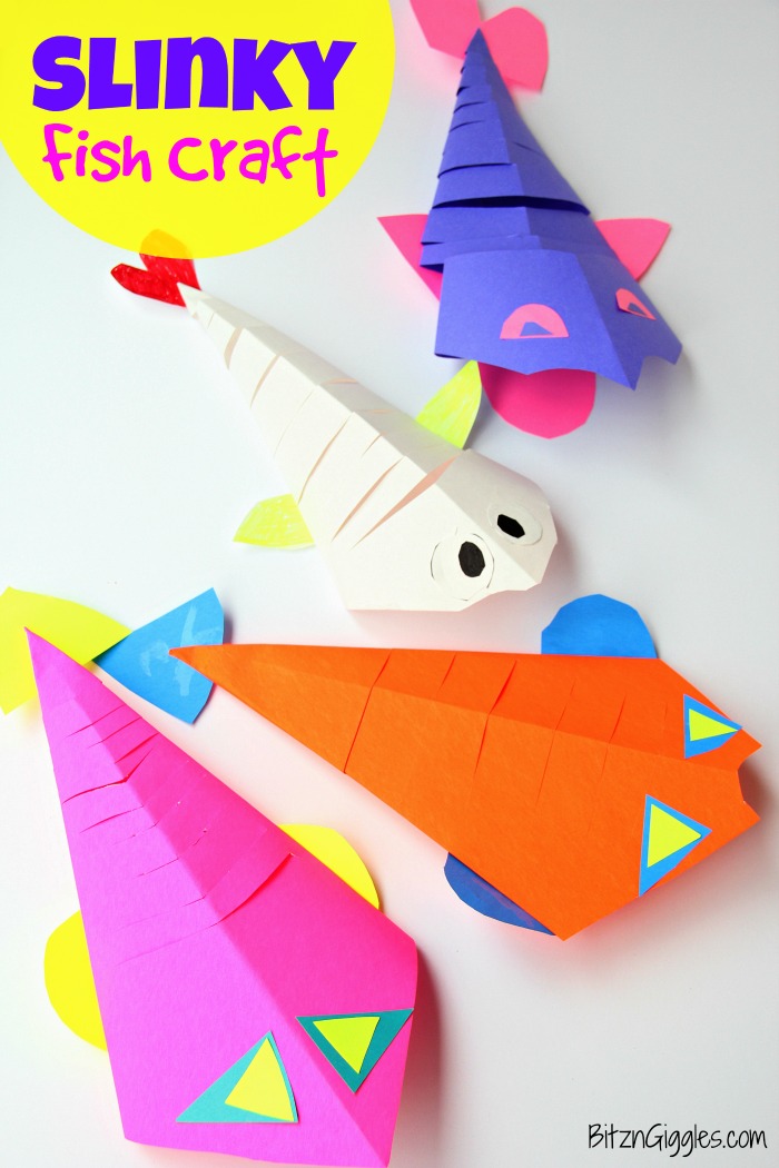 Slinky Fish Craft - All you need is construction paper, scissors and glue stick for this fun and colorful kids craft! The slinky "cut" makes the fish flexible almost like it's swimming!