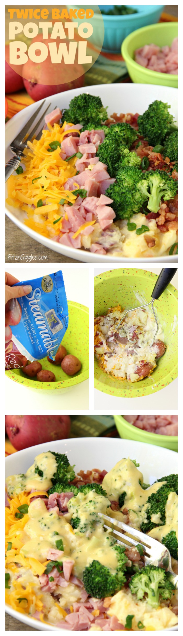 Twice Baked Potato Bowl - Baby reds are steamed, mashed, loaded with delicious toppings and then drizzled with a cheesy broccoli sauce. Tastes just like a twice baked potato but prepared in record time!