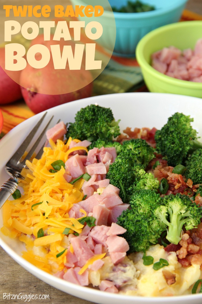 Twice Baked Potato Bowl - Baby reds are steamed, mashed, loaded with delicious toppings and then drizzled with a cheesy broccoli sauce. Tastes just like a twice baked potato but prepared in record time!