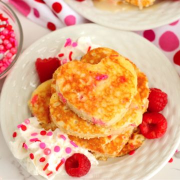 plate of stacked pancakes for Valentine's Day